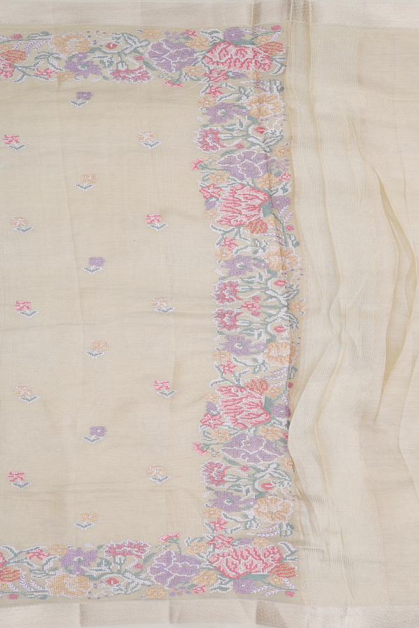 Tussar Silk Saree In Tissue Light Yellow With Floral Buttas