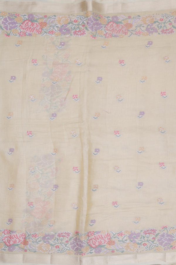 Tussar Silk Saree In Tissue Light Yellow With Floral Buttas