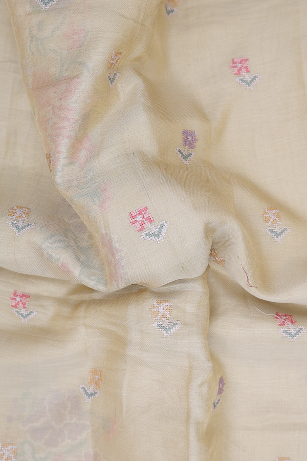 Tussar Silk Saree In Tissue Light Yellow With Floral Buttas