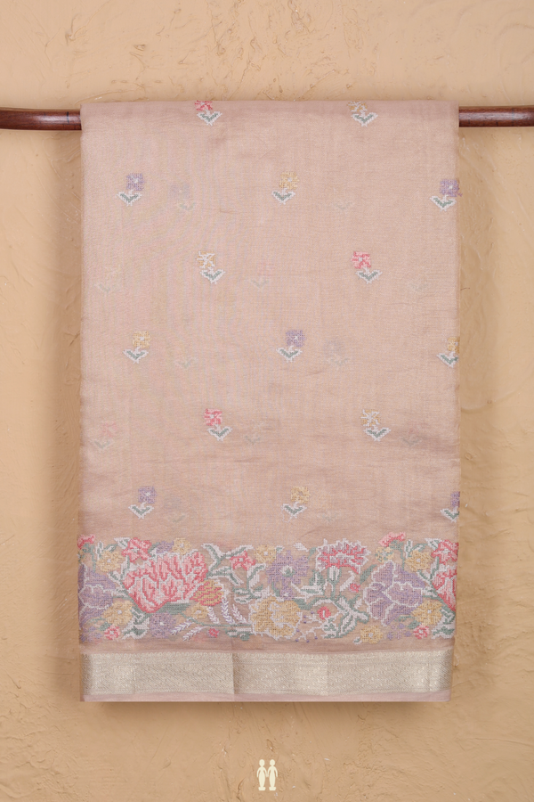 Tussar Silk Saree In Pale Orange With Floral Buttas