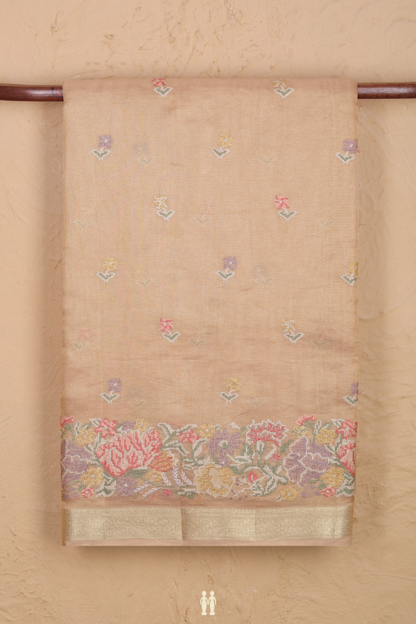 Tussar Silk Saree In Pale Orange With Floral Buttas