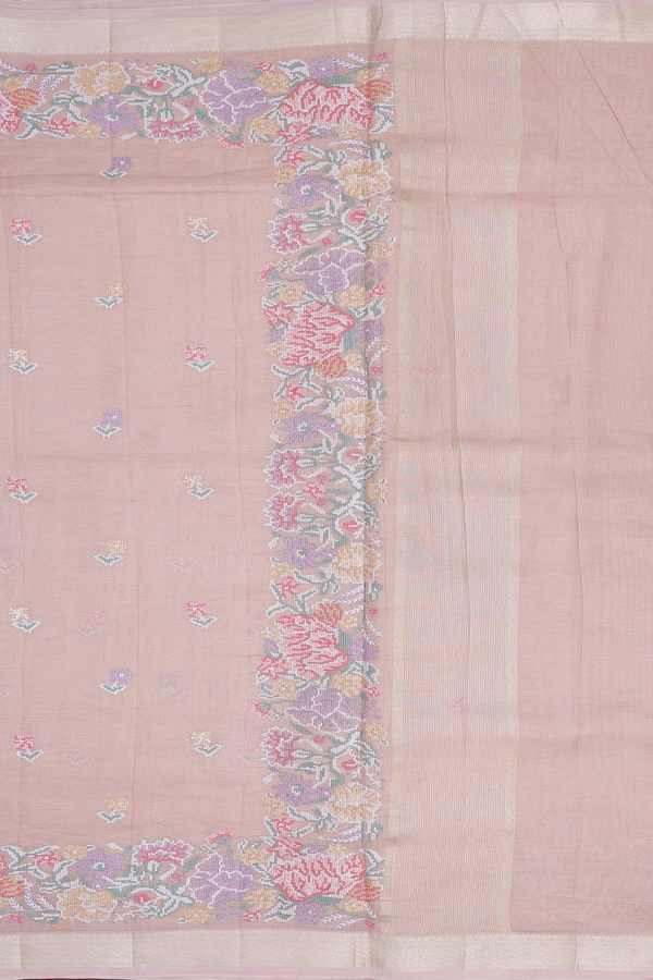 Tussar Silk Saree In Pale Orange With Floral Buttas