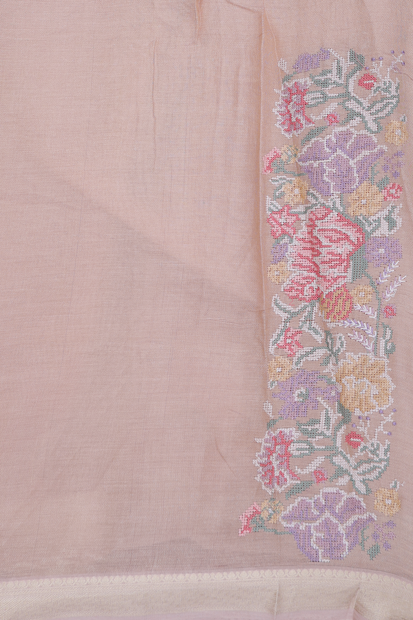 Tussar Silk Saree In Pale Orange With Floral Buttas