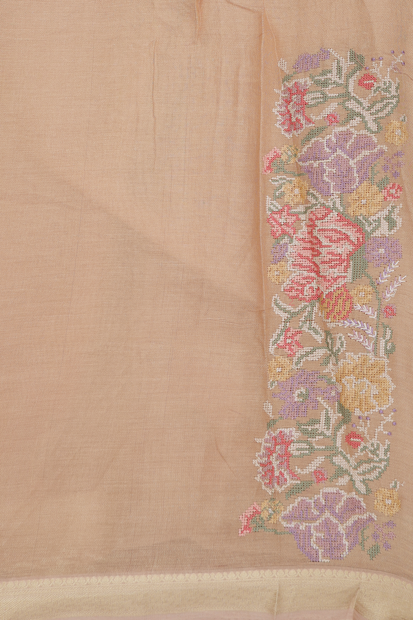 Tussar Silk Saree In Pale Orange With Floral Buttas