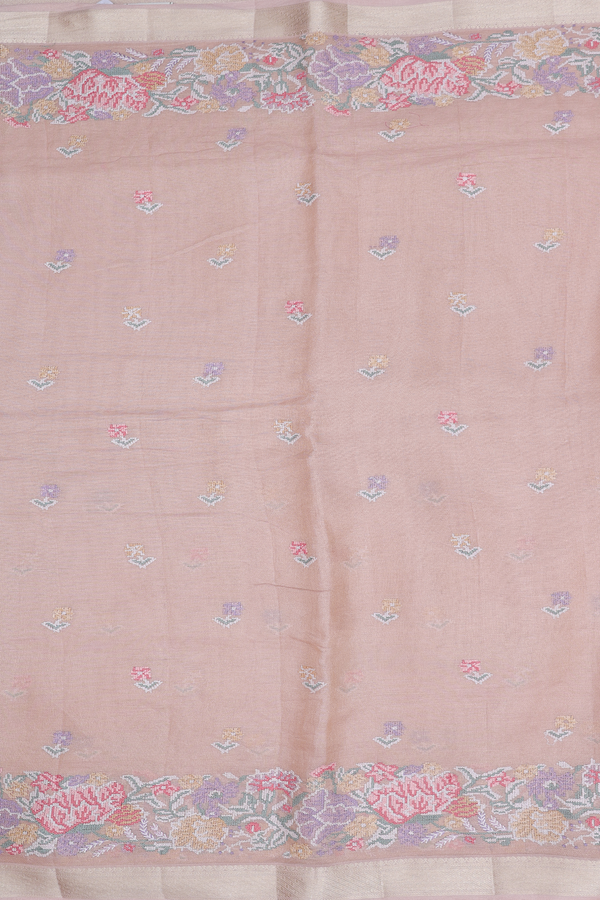 Tussar Silk Saree In Pale Orange With Floral Buttas