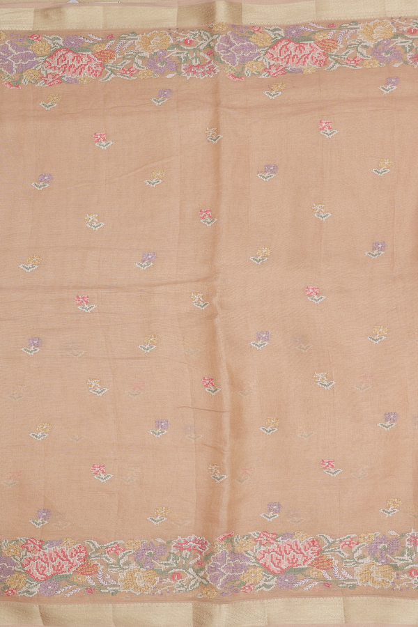 Tussar Silk Saree In Pale Orange With Floral Buttas