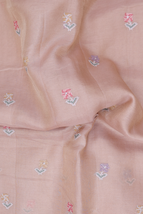 Tussar Silk Saree In Pale Orange With Floral Buttas