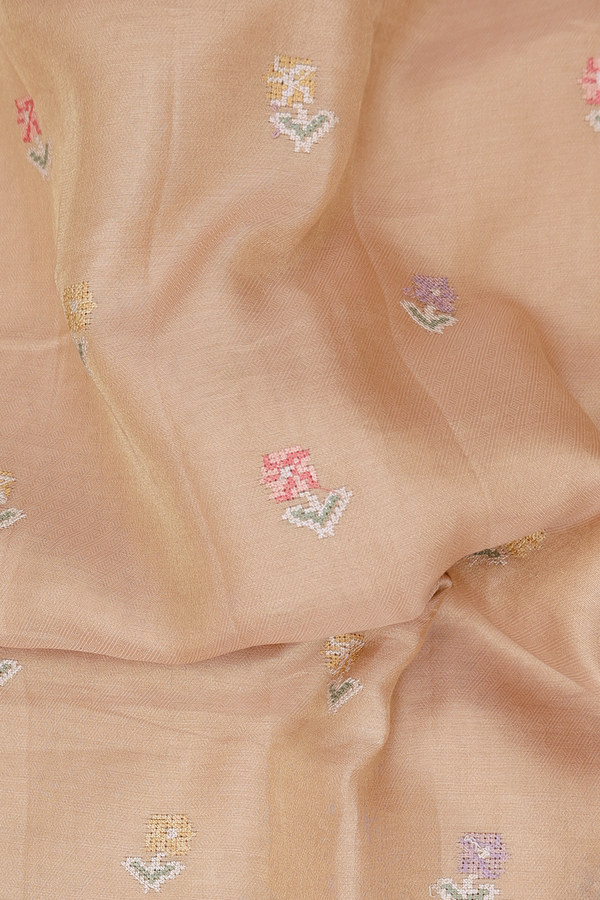 Tussar Silk Saree In Pale Orange With Floral Buttas