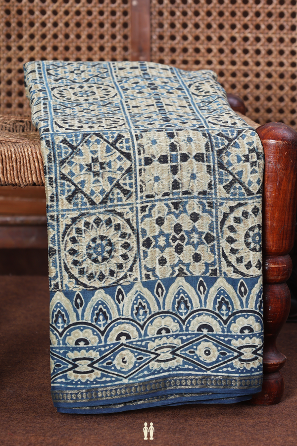 Georgette Saree In Dusty Blue With Ajrakh Printed Design