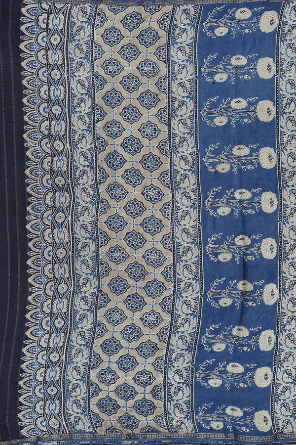 Georgette Saree In Dusty Blue With Ajrakh Printed Design