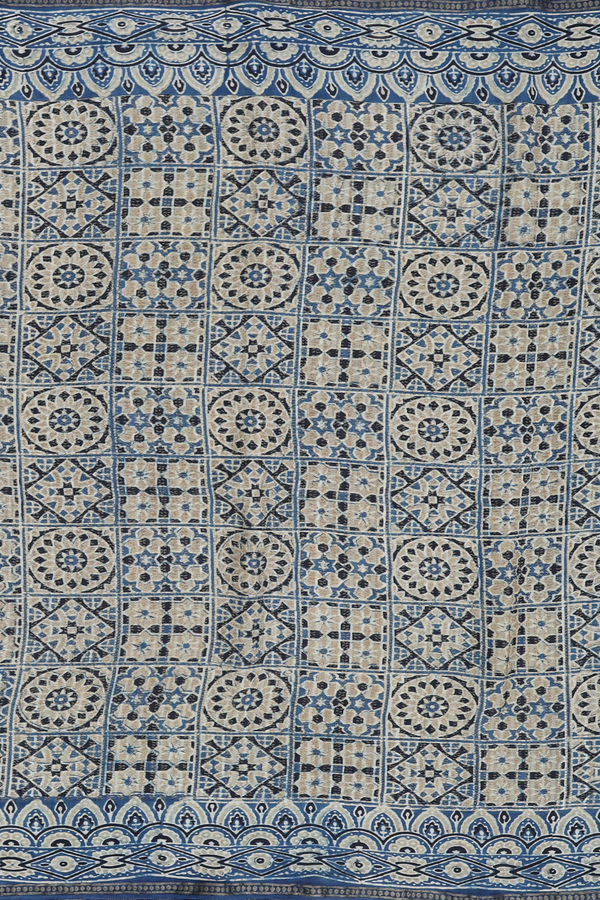 Georgette Saree In Dusty Blue With Ajrakh Printed Design