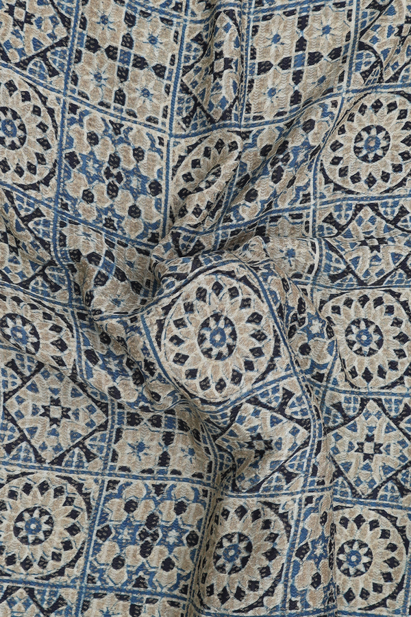 Georgette Saree In Dusty Blue With Ajrakh Printed Design