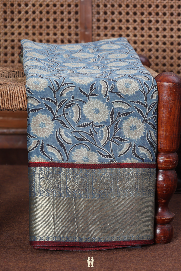 Georgette Saree In Dusty Blue With Floral Design