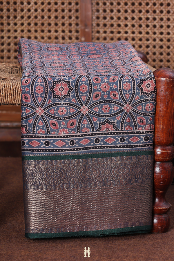 Georgette Saree In Aegean Blue With Ajrakh Printed  Design