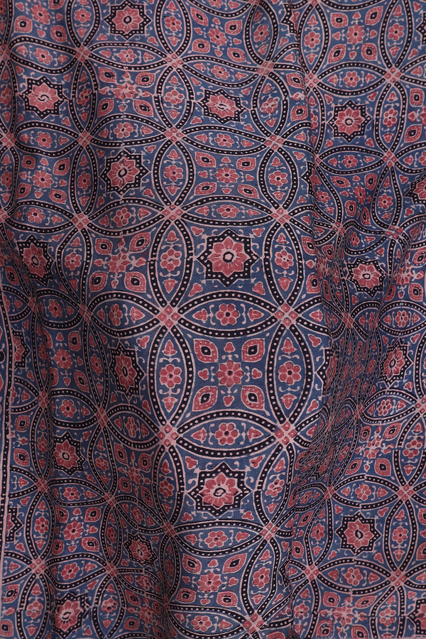 Georgette Saree In Aegean Blue With Ajrakh Printed  Design