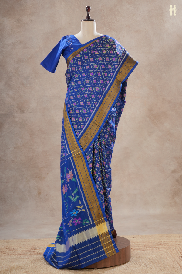 Patola Silk Saree In Royal Blue With Ikat Design