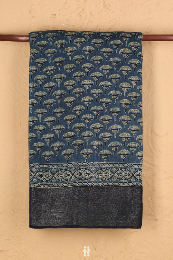 Linen Saree In Capri Blue With Floral Printed Design