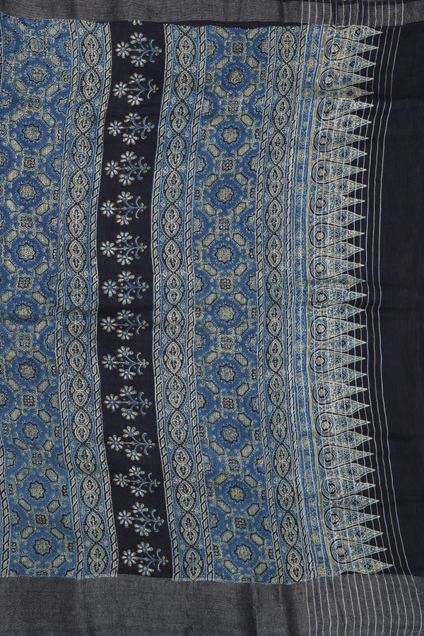 Linen Saree In Capri Blue With Floral Printed Design