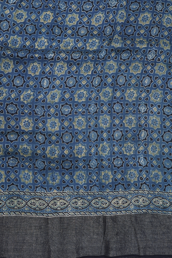 Linen Saree In Capri Blue With Floral Printed Design