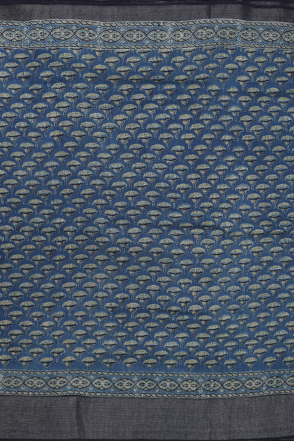 Linen Saree In Capri Blue With Floral Printed Design