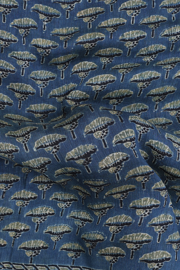 Linen Saree In Capri Blue With Floral Printed Design