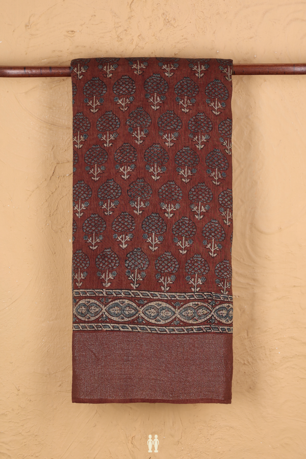 Linen Saree In Brown With Floral Design