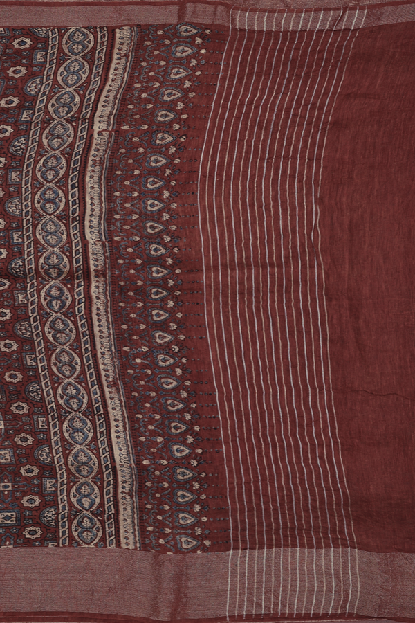 Linen Saree In Brown With Floral Design