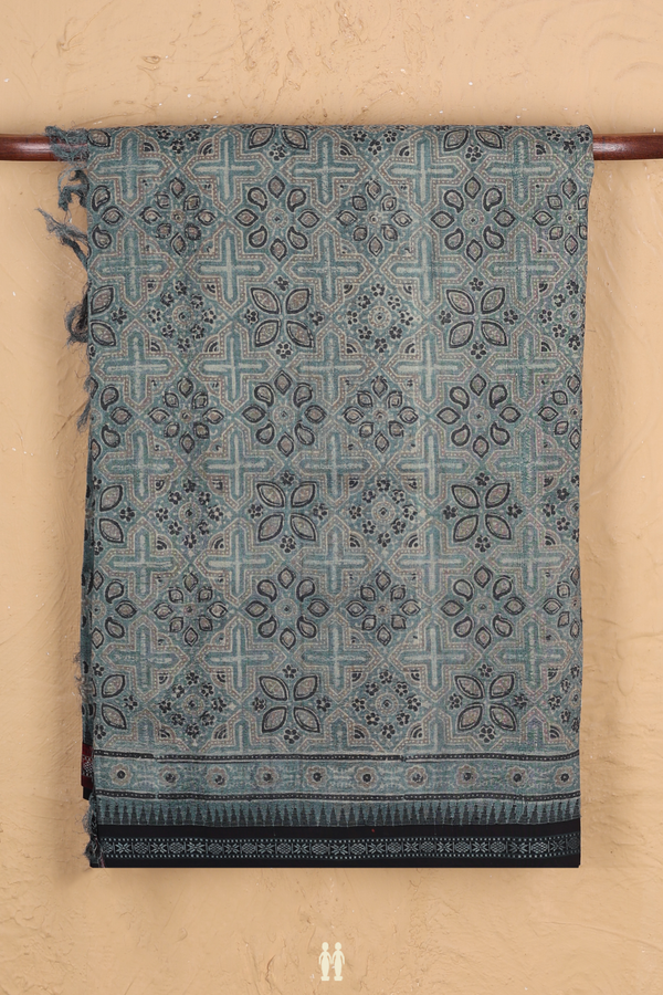 Tussar Silk Saree In Aegean Blue With Ajrakh Printed Design