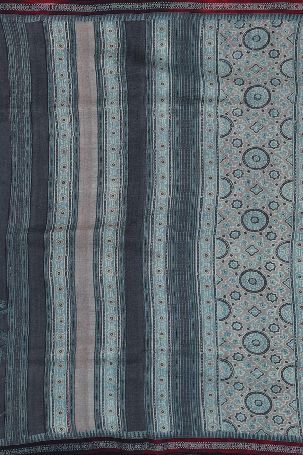 Tussar Silk Saree In Aegean Blue With Ajrakh Printed Design