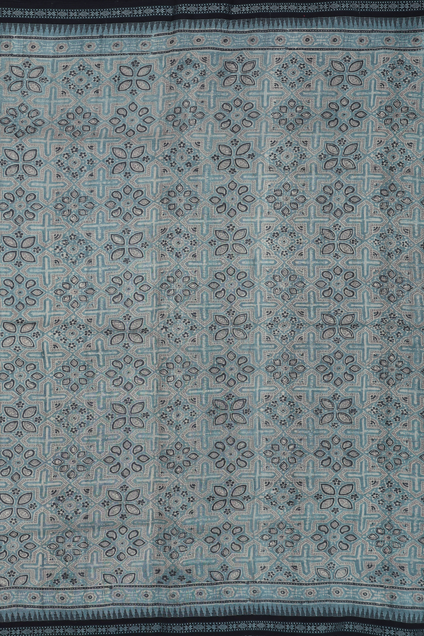Tussar Silk Saree In Aegean Blue With Ajrakh Printed Design
