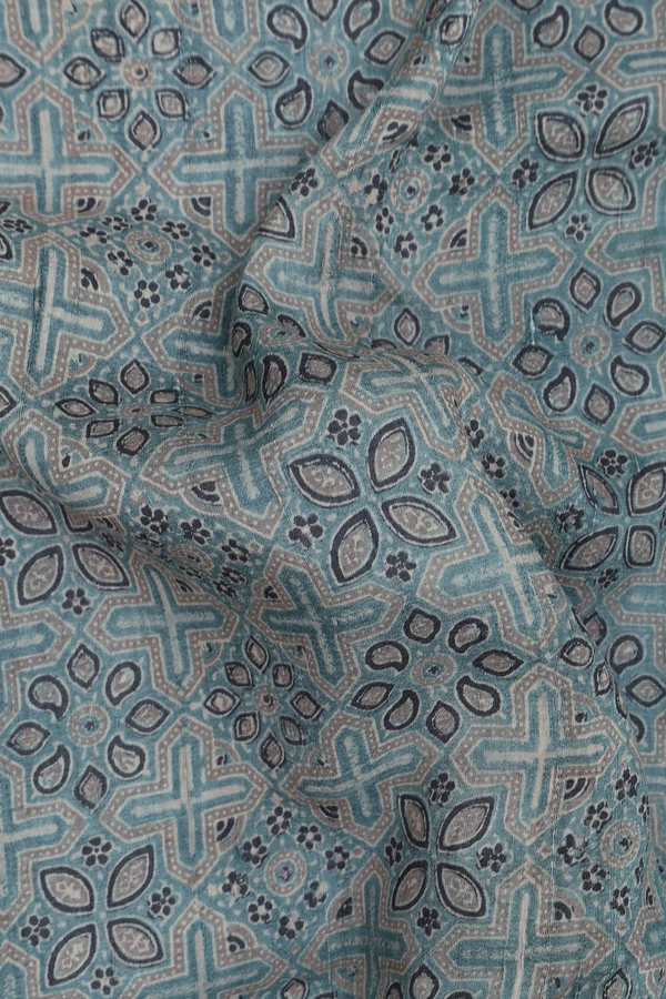 Tussar Silk Saree In Aegean Blue With Ajrakh Printed Design