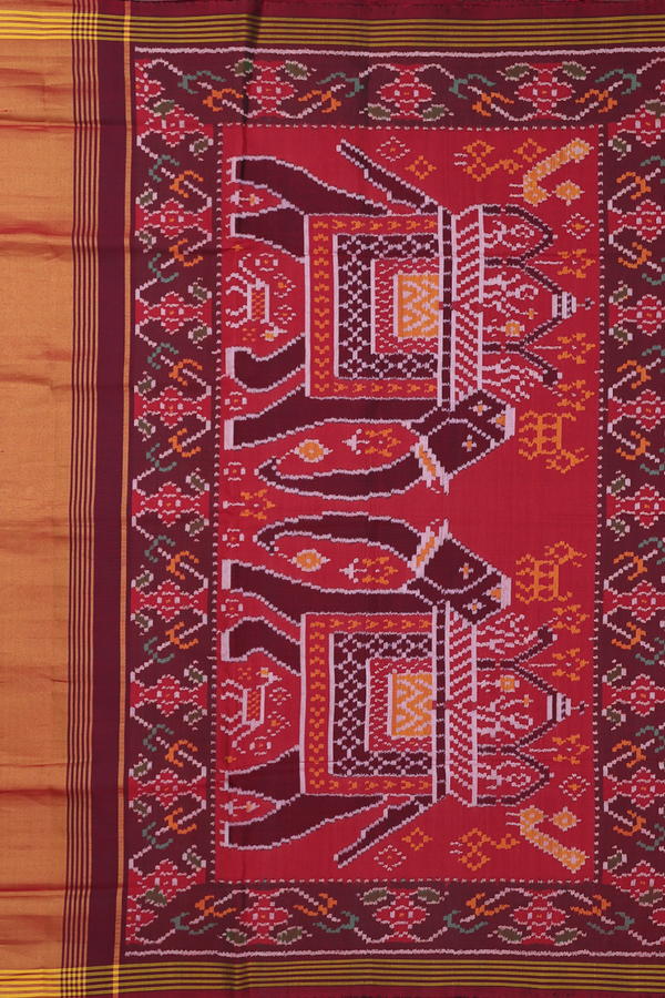Patola Silk Saree In Plain Red With Contrast Border