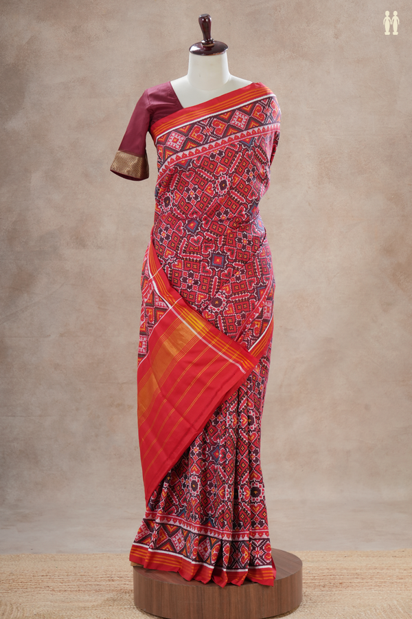 Patola Silk Saree In Red With Ikat Design