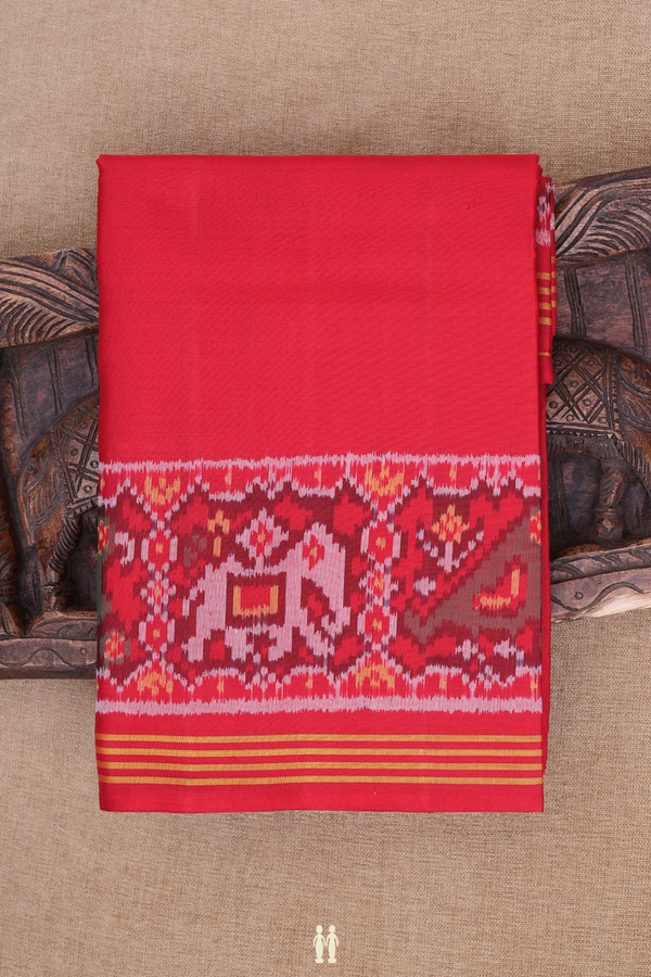 Patola Silk Saree In Plain Chilli Red With Elephant Border