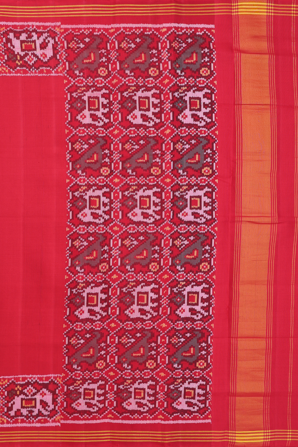 Patola Silk Saree In Plain Chilli Red With Elephant Border