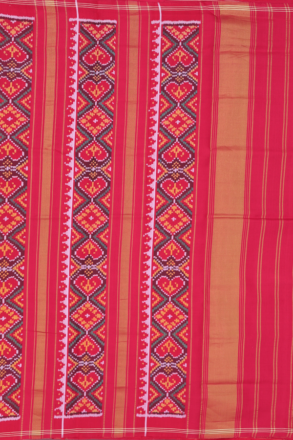 Patola Silk Saree In Plain Chilli Red With Ikat Border