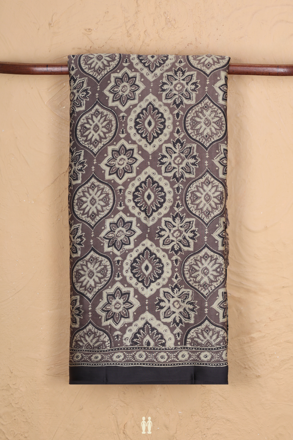 Modal Silk Saree In Oxford Brown With Ajrakh Printed Design