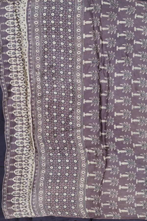 Modal Silk Saree In Oxford Brown With Ajrakh Printed Design