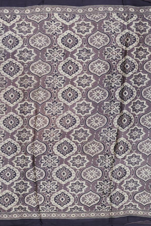 Modal Silk Saree In Oxford Brown With Ajrakh Printed Design