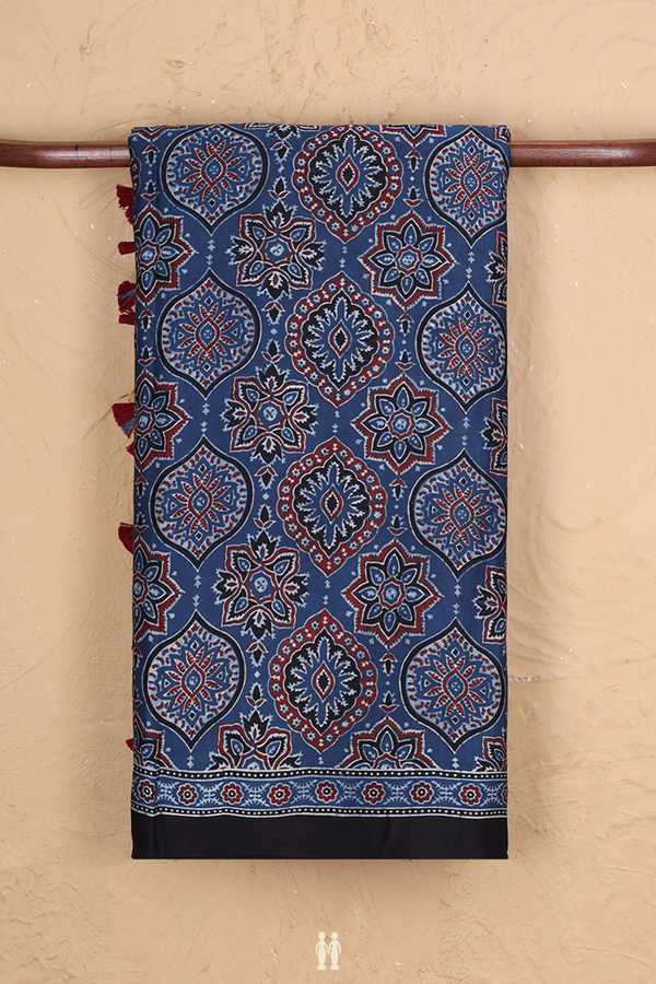 Modal Silk Saree In Blue With Ajrakh Printed Design