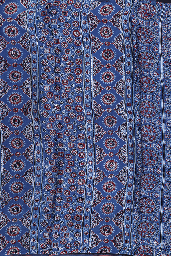 Modal Silk Saree In Blue With Ajrakh Printed Design