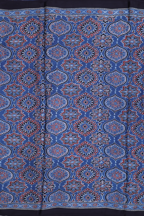 Modal Silk Saree In Blue With Ajrakh Printed Design