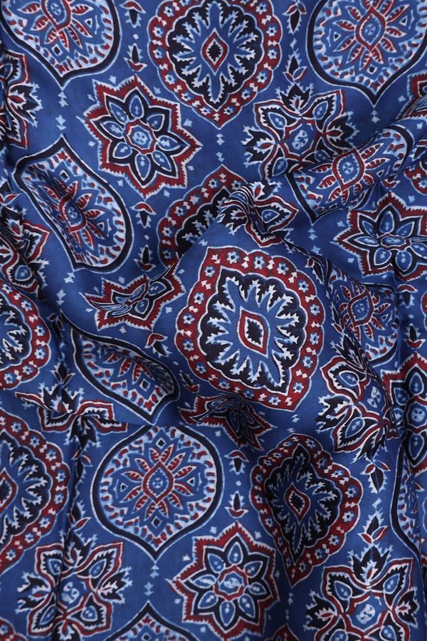 Modal Silk Saree In Blue With Ajrakh Printed Design