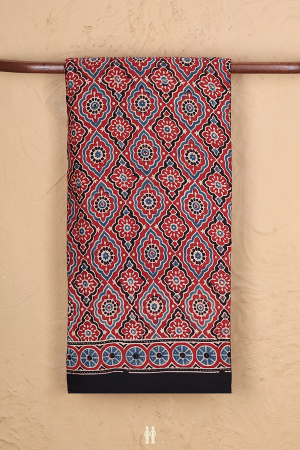 Modal Silk Saree In Red With Ajrakh Printed Design