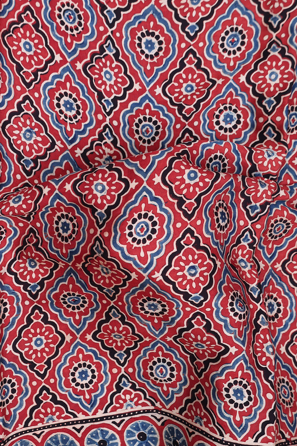 Modal Silk Saree In Red With Ajrakh Printed Design