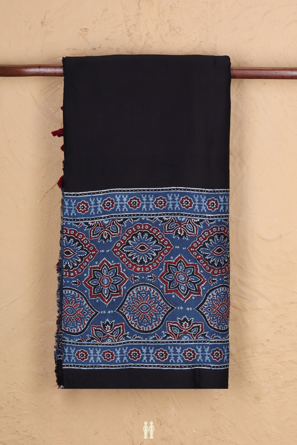 Modal Silk Saree In Black With Ajrakh Border