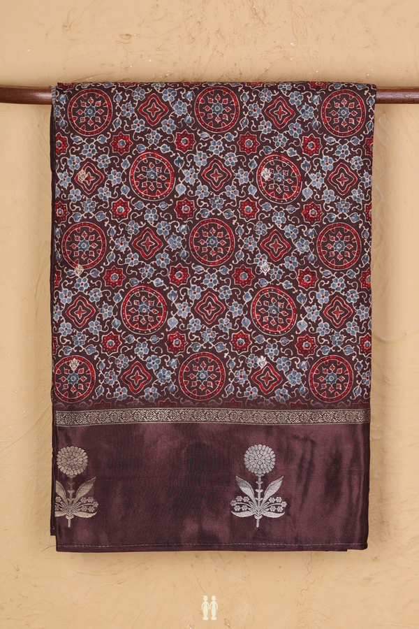 Modal Silk Saree In Coffee Brown With Ajrakh Printed Design