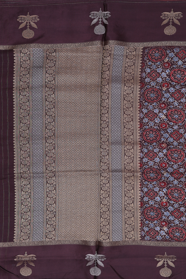 Modal Silk Saree In Coffee Brown With Ajrakh Printed Design