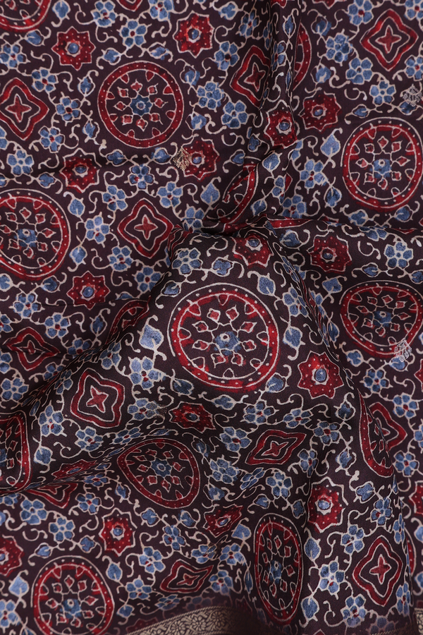 Modal Silk Saree In Coffee Brown With Ajrakh Printed Design