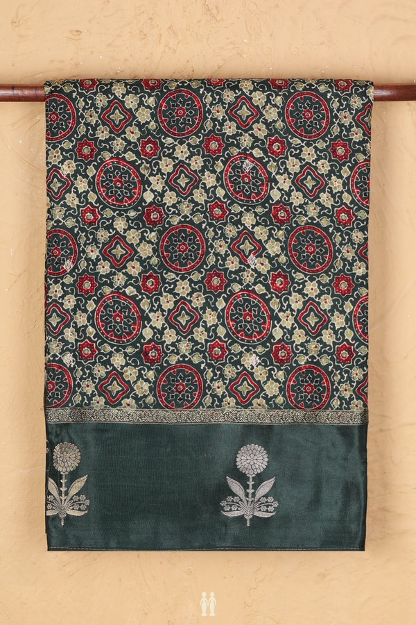 Modal Silk Saree In Forest Green With Ajrakh Printed Design